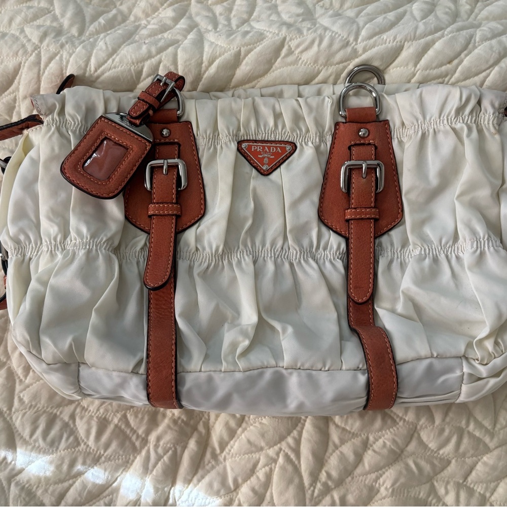 Damaged Prada Tessuto Gaufre White and Brown Women's Bag ( without handles )